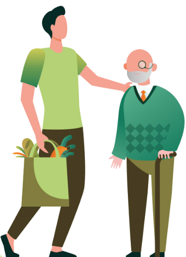 Illustration einer Begleitung: Eine Person mit Einkaufstüte begleitet eine ältere Person mit Gehstock